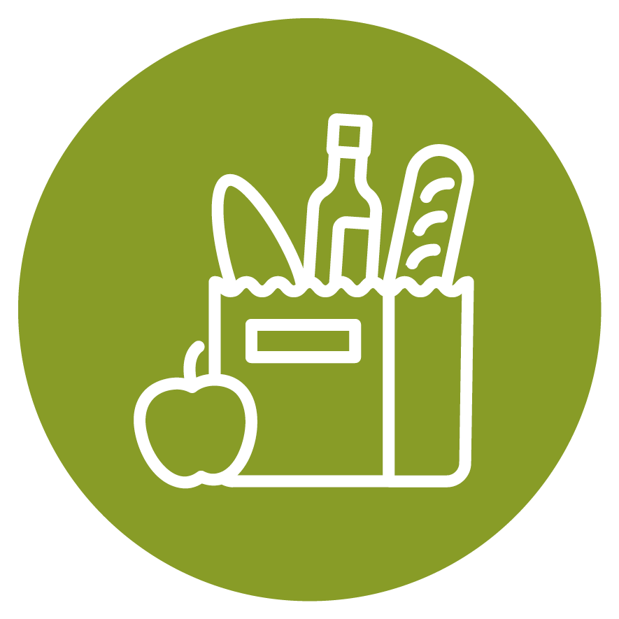 Line art illustration of a grocery bag containing an apple, a fish, a bottle, and a baguette, set against a green circular background.