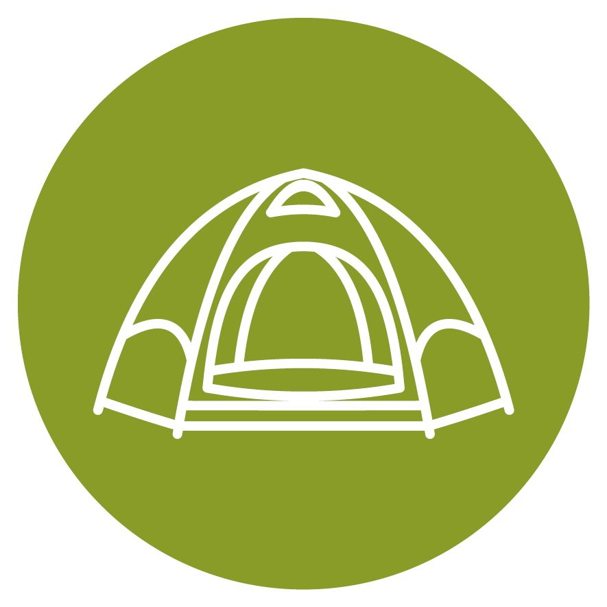 White line drawing of a camping tent on a green circular background.