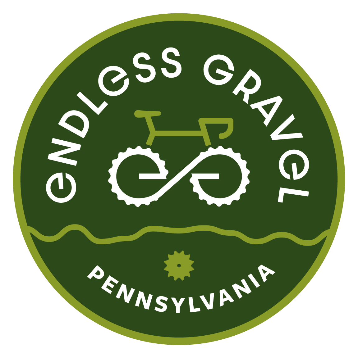 Circular logo with a dark green background, featuring a stylized mountain bike chainring and a chain, with the words 'GNDLOSS GRAAVEL' above and 'PENNSYLVANIA' below, all in white, surrounded by a light green border.