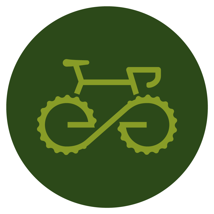 Icon of a bicycle with gear wheels for wheels on a dark green circular background.