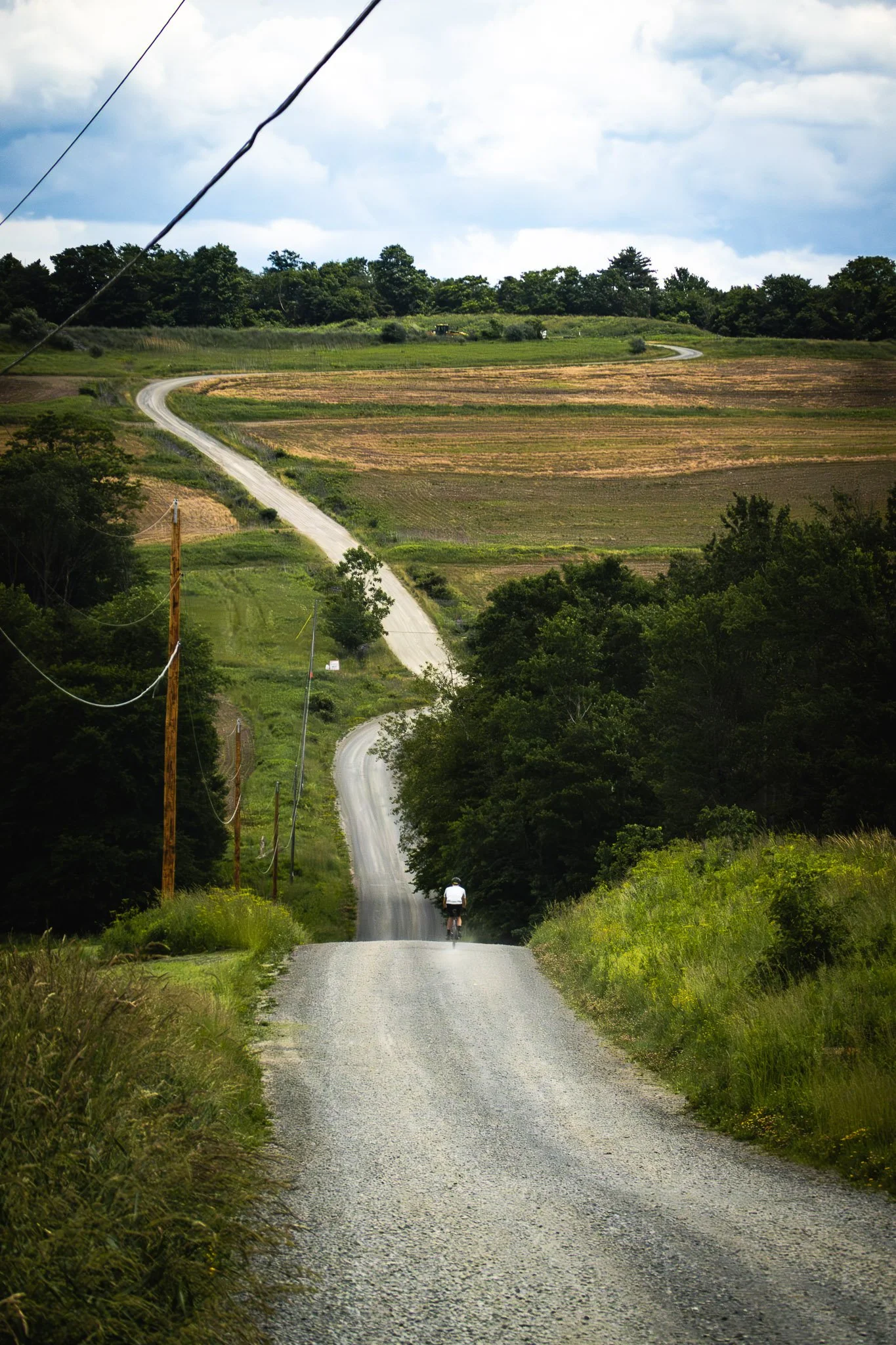 A person riding a bicycle on a gravel country road with green fields and trees on either side, extending into the distance under a cloudy sky.