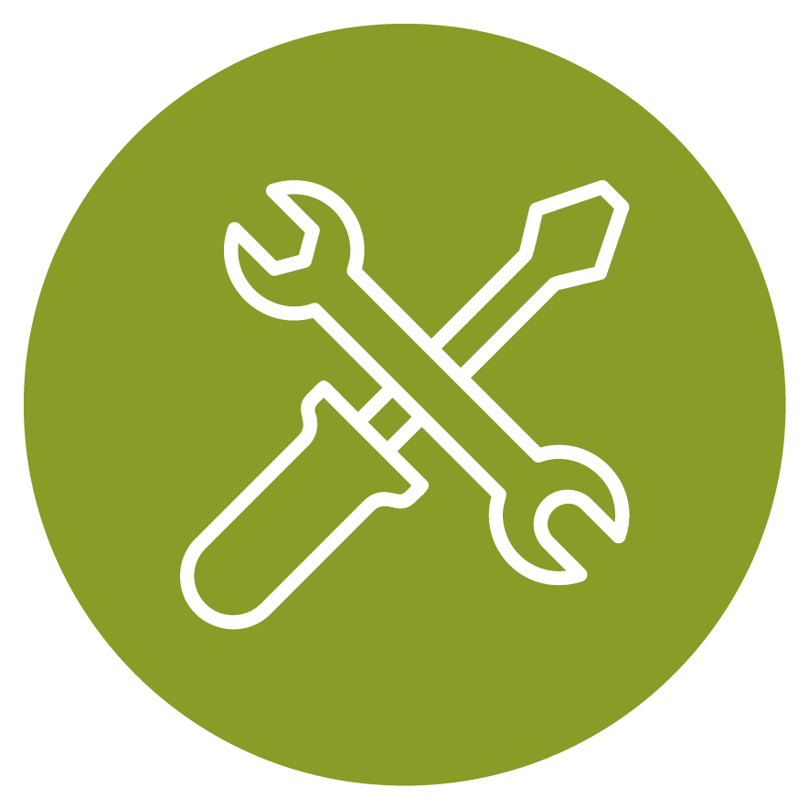 Icon of crossed wrench, screwdriver, and hex key on a green circular background representing tools or maintenance.