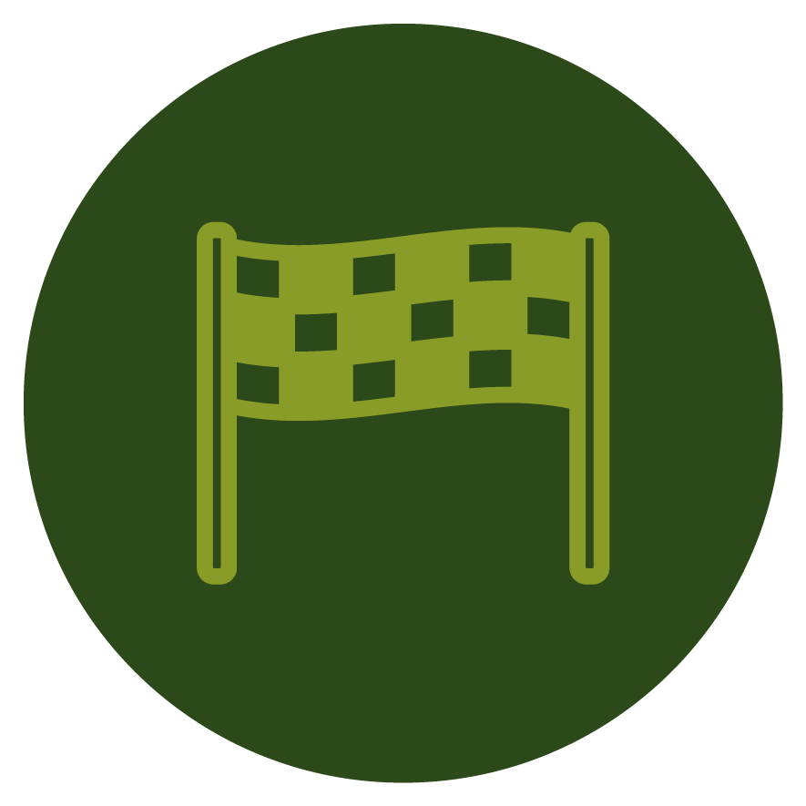 Green checkered flag icon on dark green circular background.
