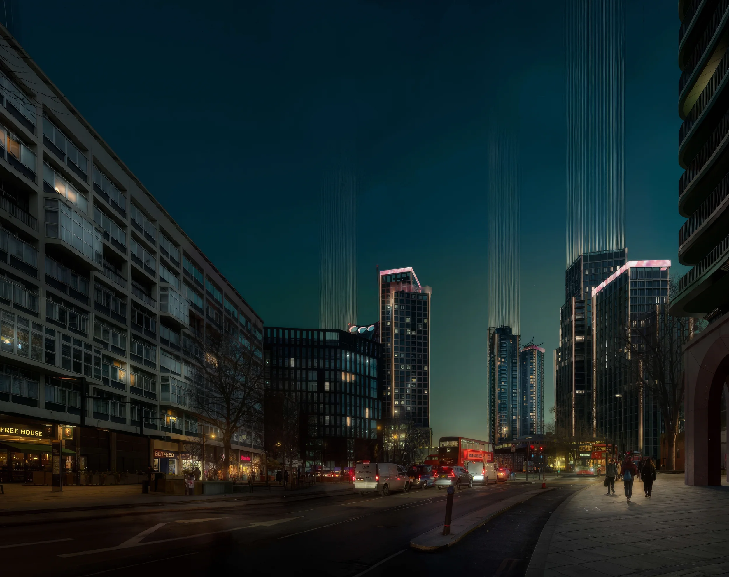 Nighttime cityscape with tall modern buildings, illuminated street level shops, and cars on the road, under a dark sky.