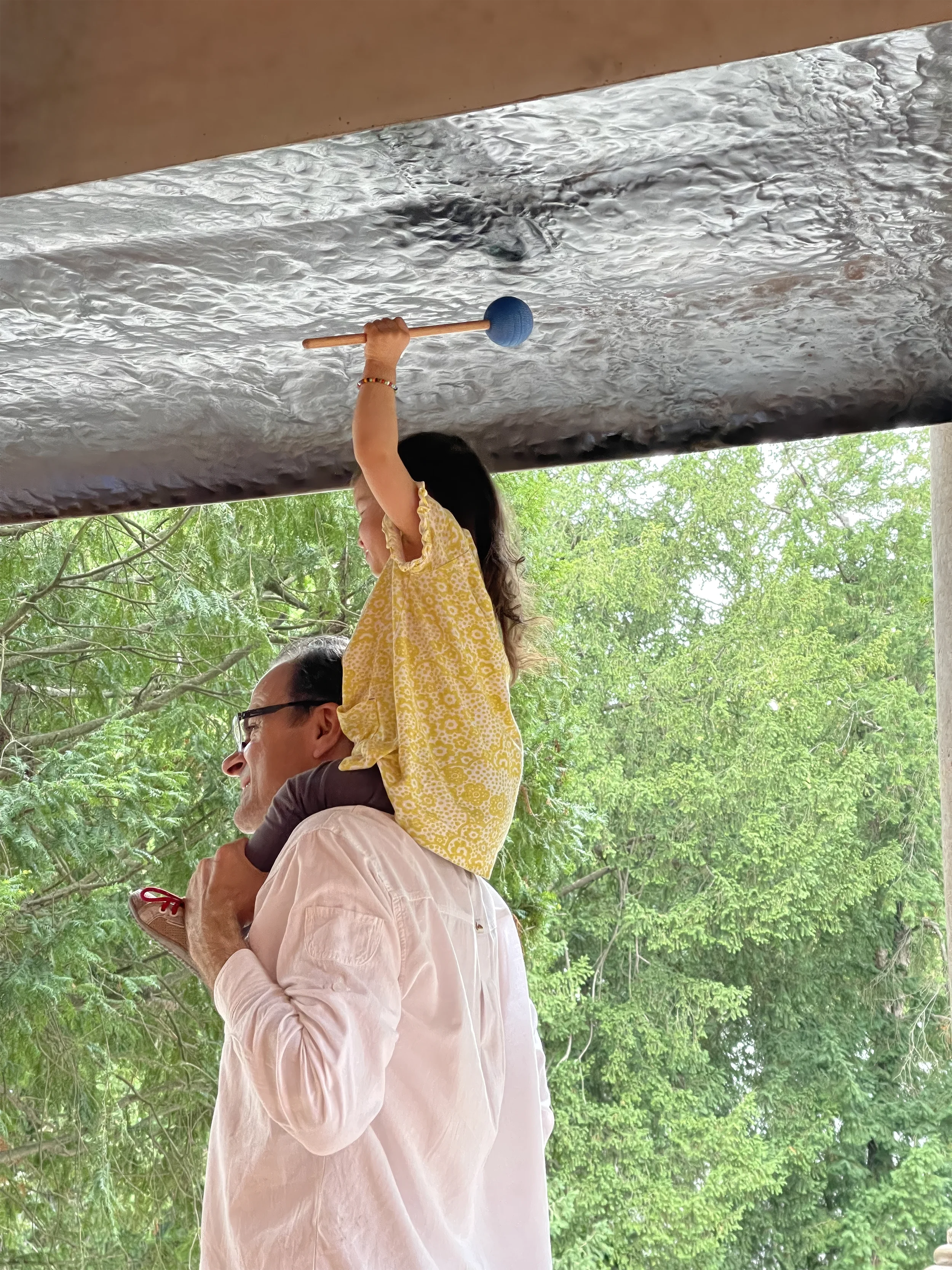A man with glasses is carrying a young girl on his shoulders. The girl, dressed in a yellow patterned shirt, is hitting a hanging object with a stick. Trees with green leaves are in the background.