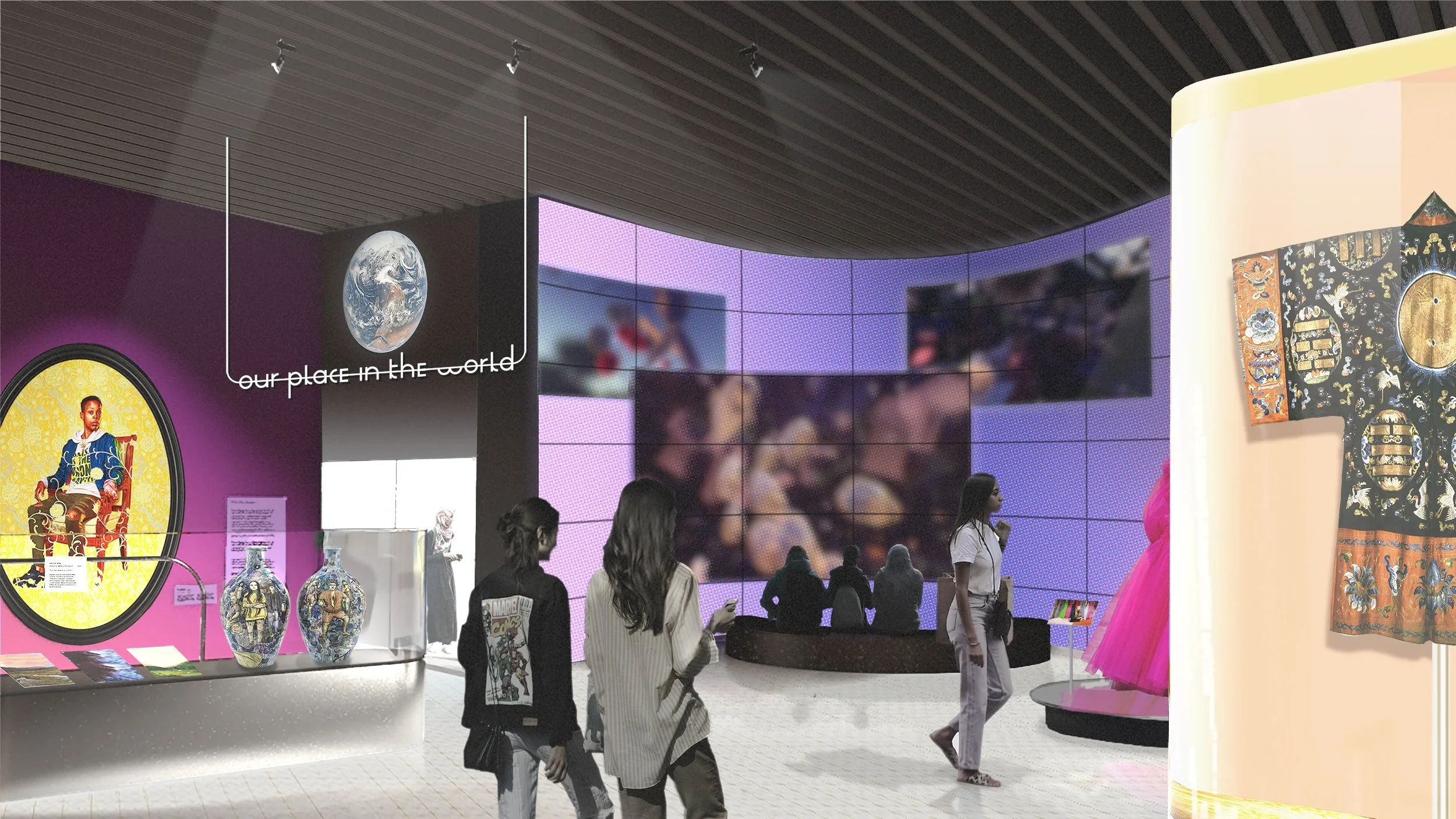 Museum exhibit featuring colorful artwork, ceramics, and a large digital screen with visitors observing.