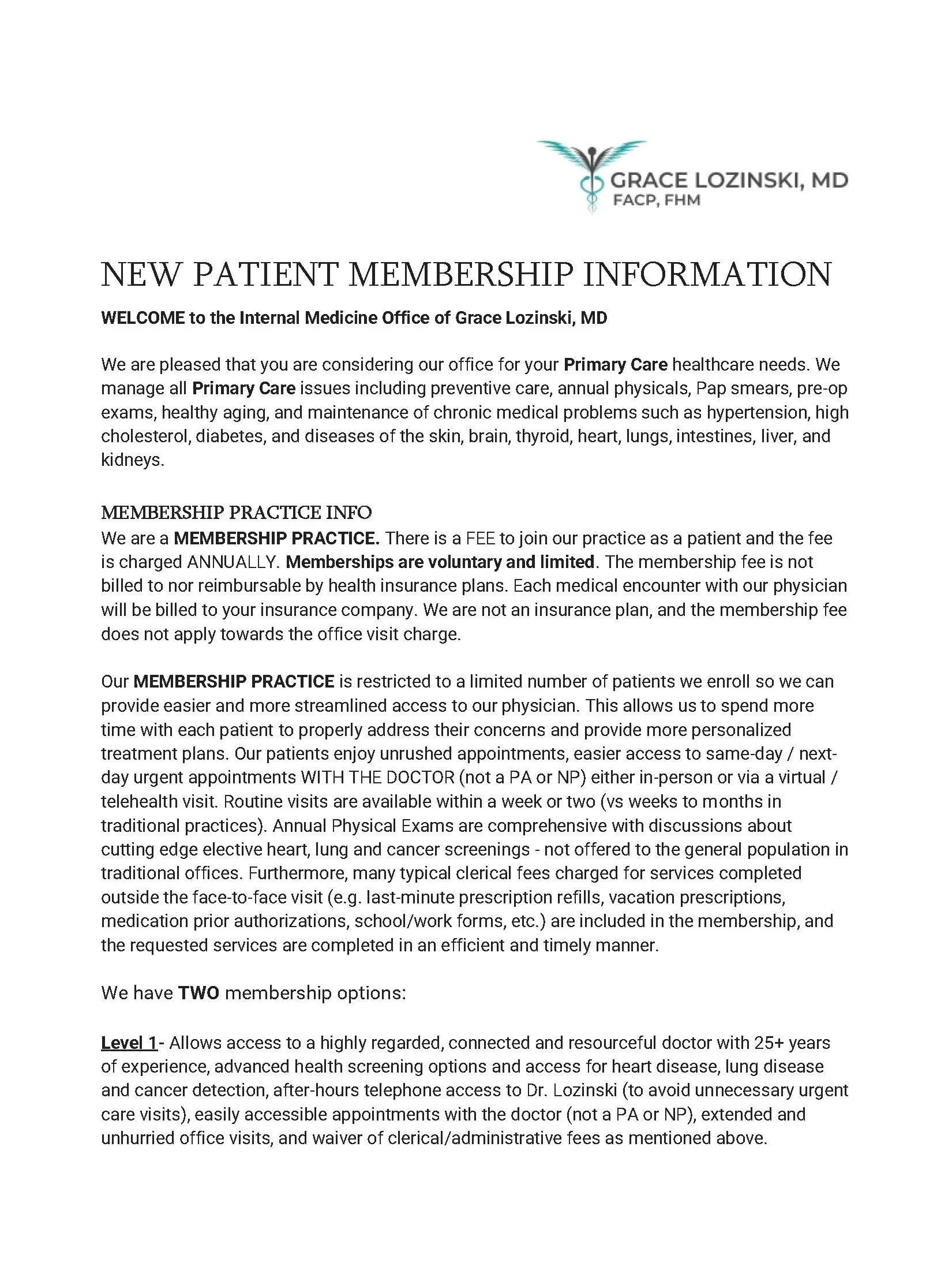 Document titled 'New Patient Membership Information' from Dr. Grace Lozinski, including details about practice fees, appointment options, and healthcare services offered.