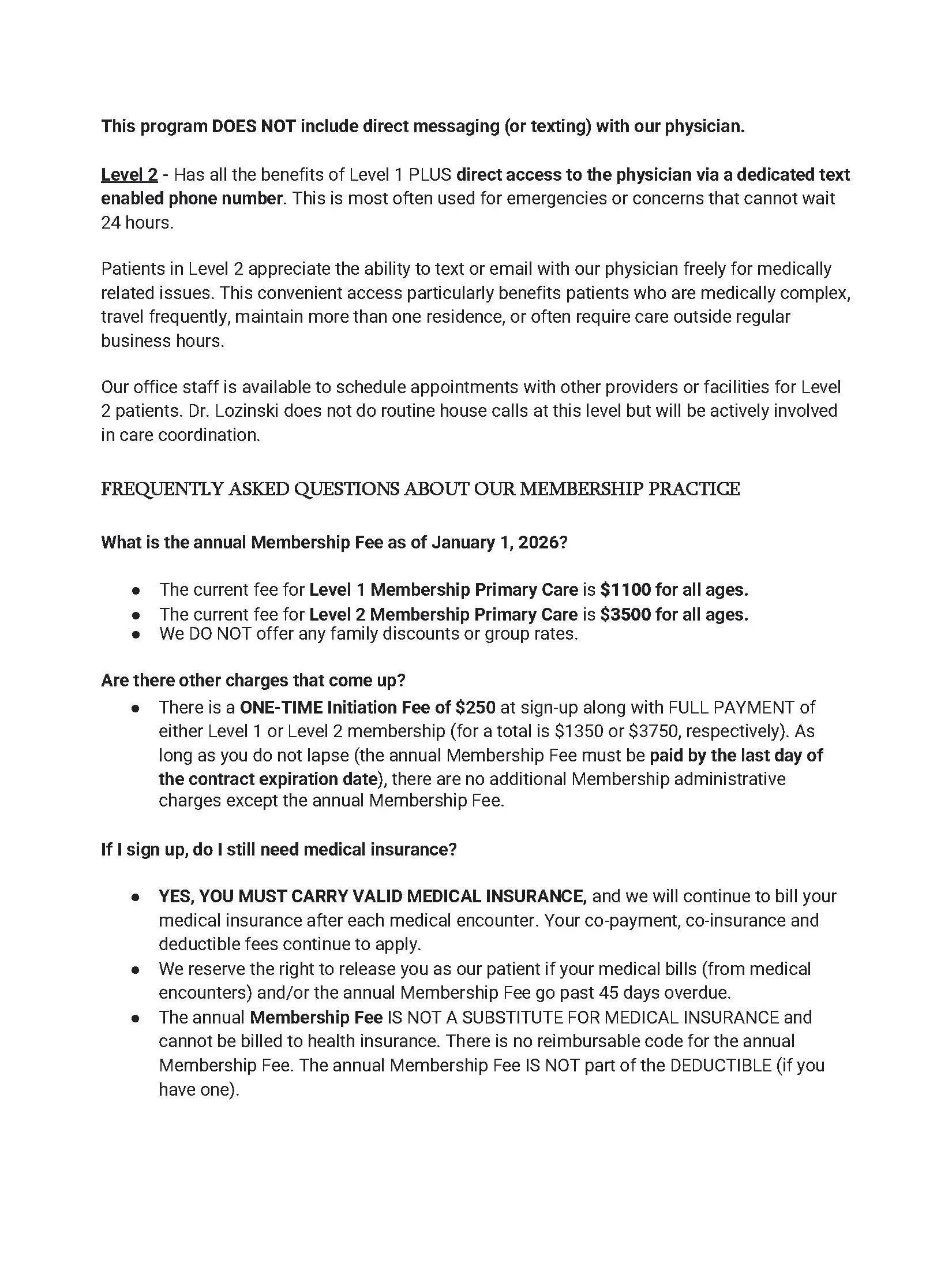 Information sheet explaining membership fees, charges, and policies for a medical practice, including details on Level 1 and Level 2 membership, fees, and insurance requirements.