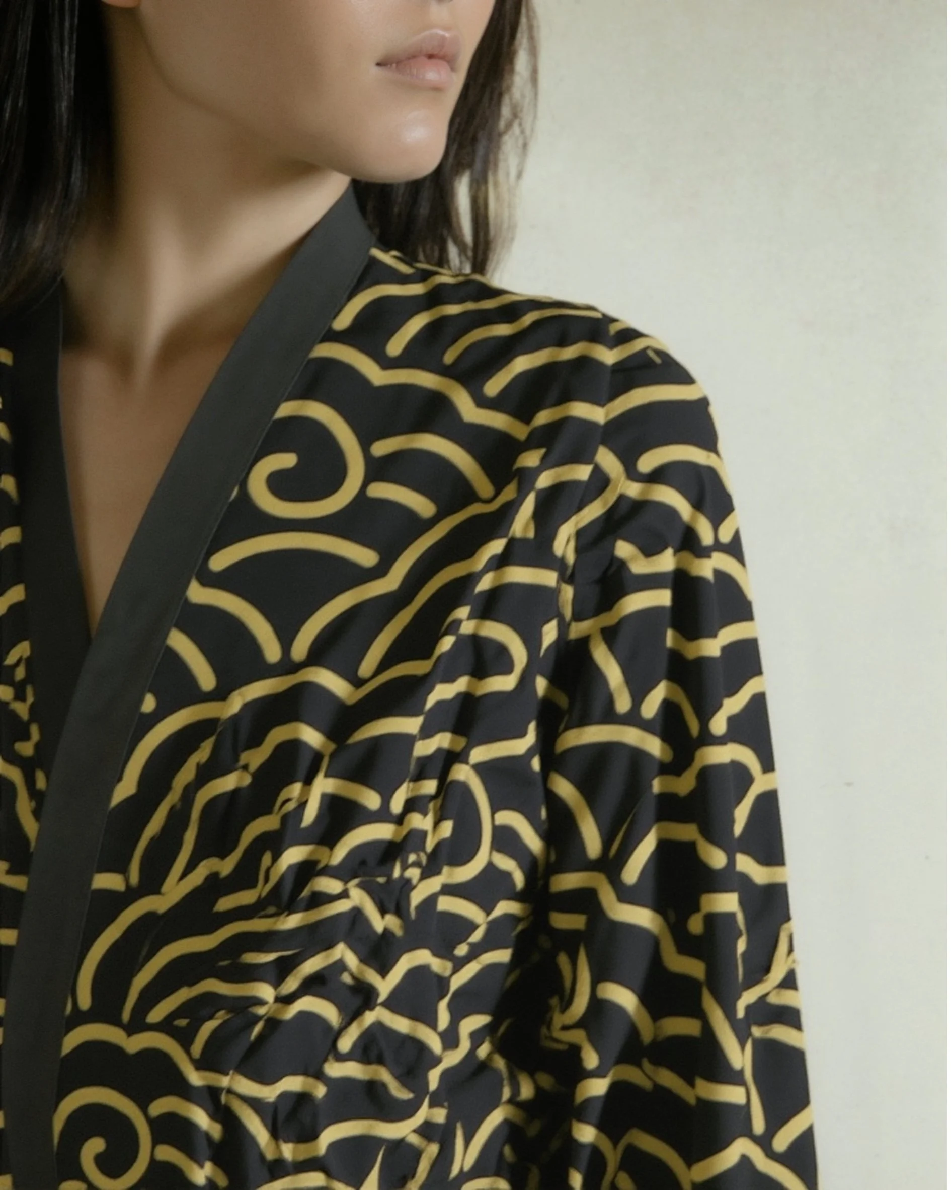 Yellow Wave Pattern Kimono Robe — Long Sleeve Japanese-Inspired Lounge Jacket