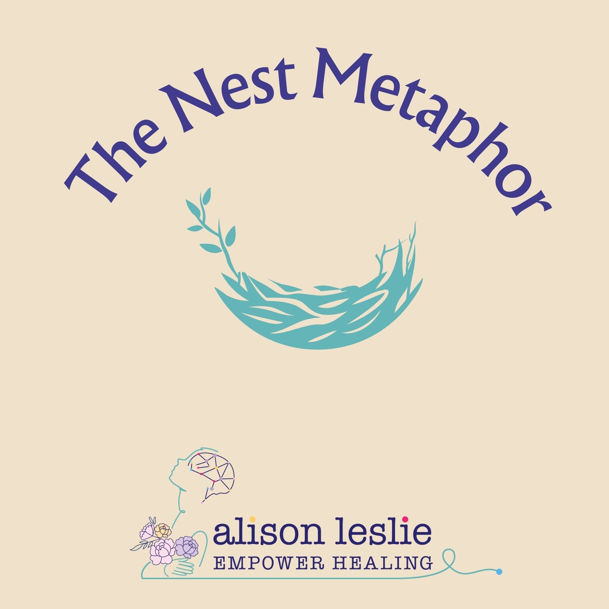Cover design with a large blue nest and the text "The Nest Metaphor" above it. The bottom features a line drawing of a woman with flowers and the text "alison leslie EMPOWER HEALING".