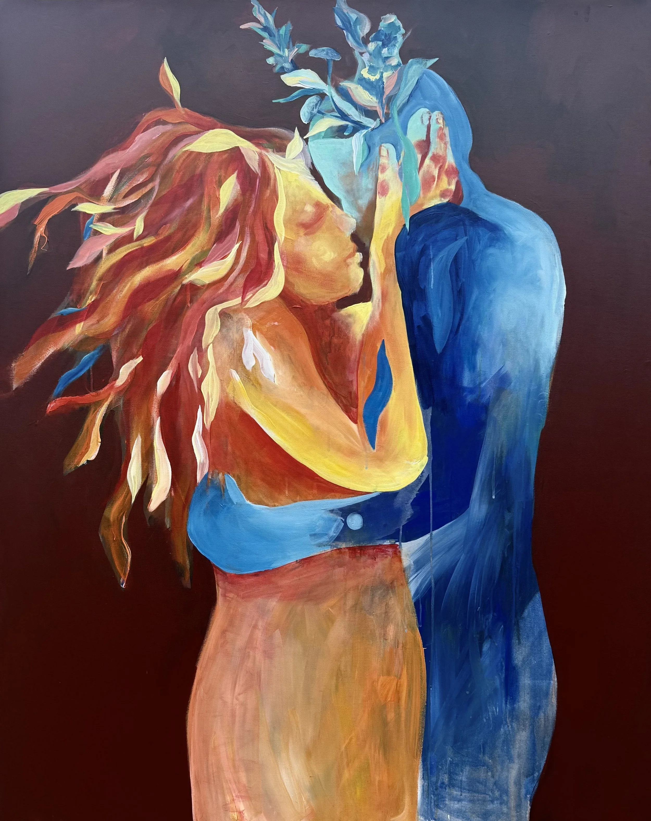 A colorful painting of two abstract human figures, a woman with red and yellow hair and a man in blue, facing each other with faces close, surrounded by vibrant, flowing colors.