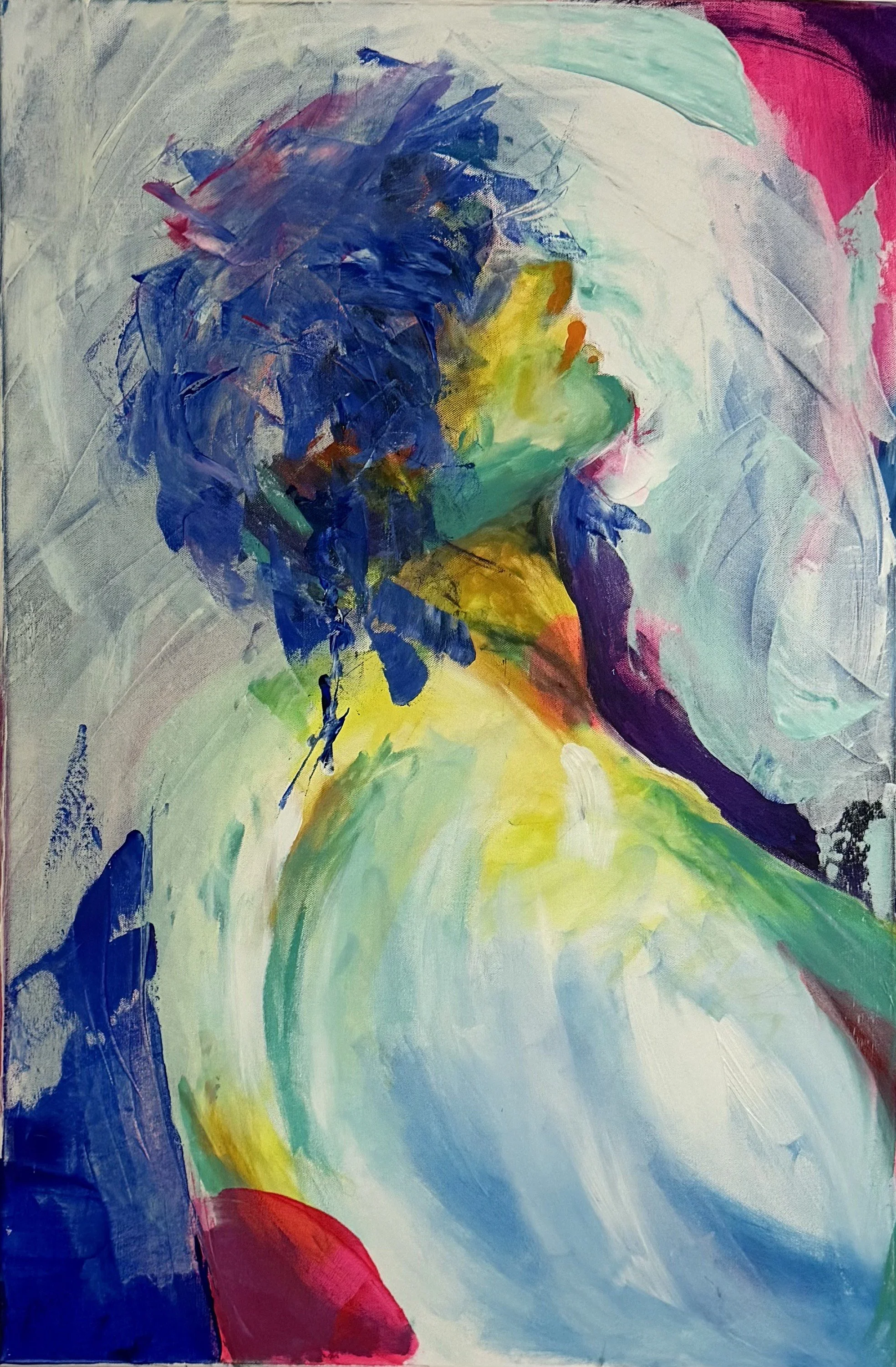 Abstract painting of a woman with blue hair, wearing a light-colored dress, with colorful brushstrokes in green, pink, and yellow.