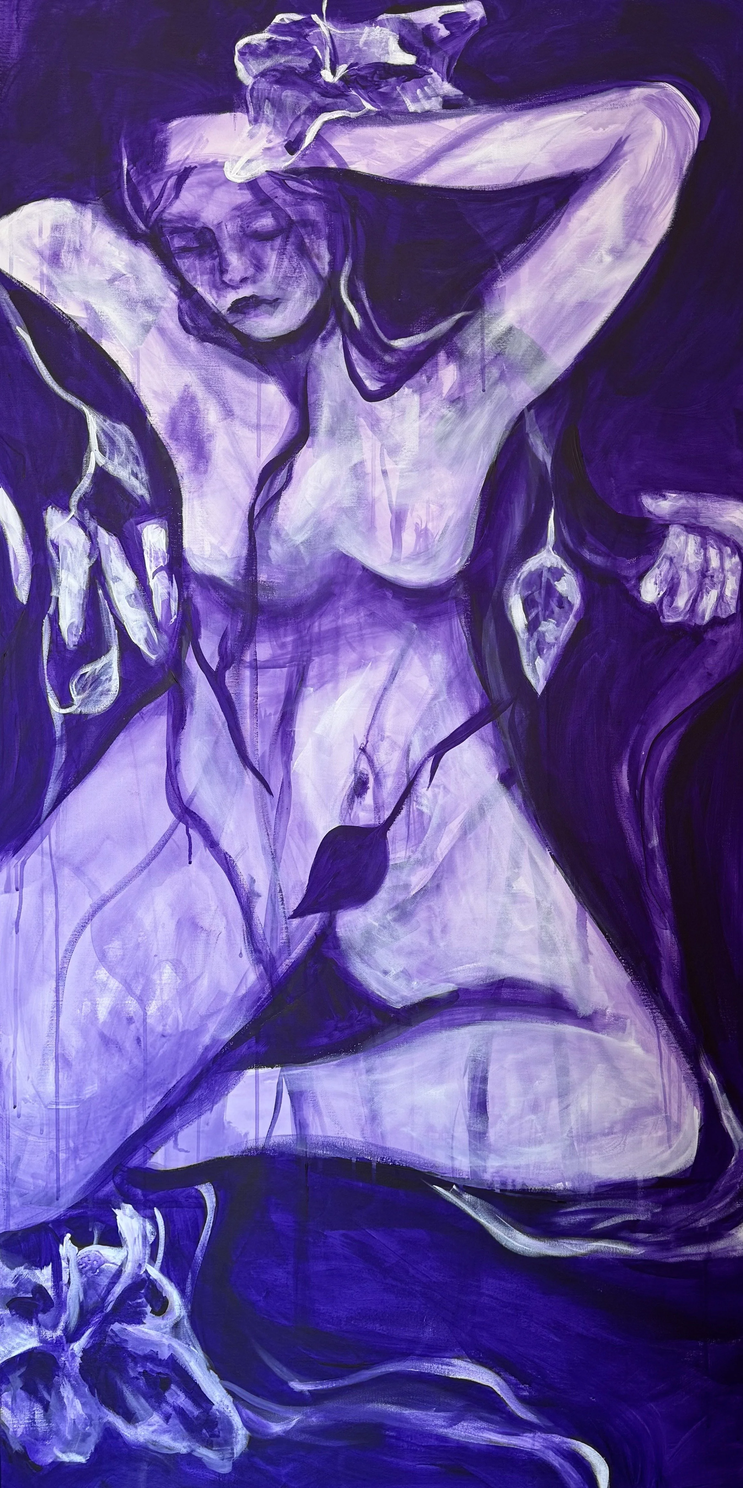 A purple-toned abstract painting of a nude woman with long dark hair, surrounded by floral and leaf elements, with closed eyes and arms raised above her head.