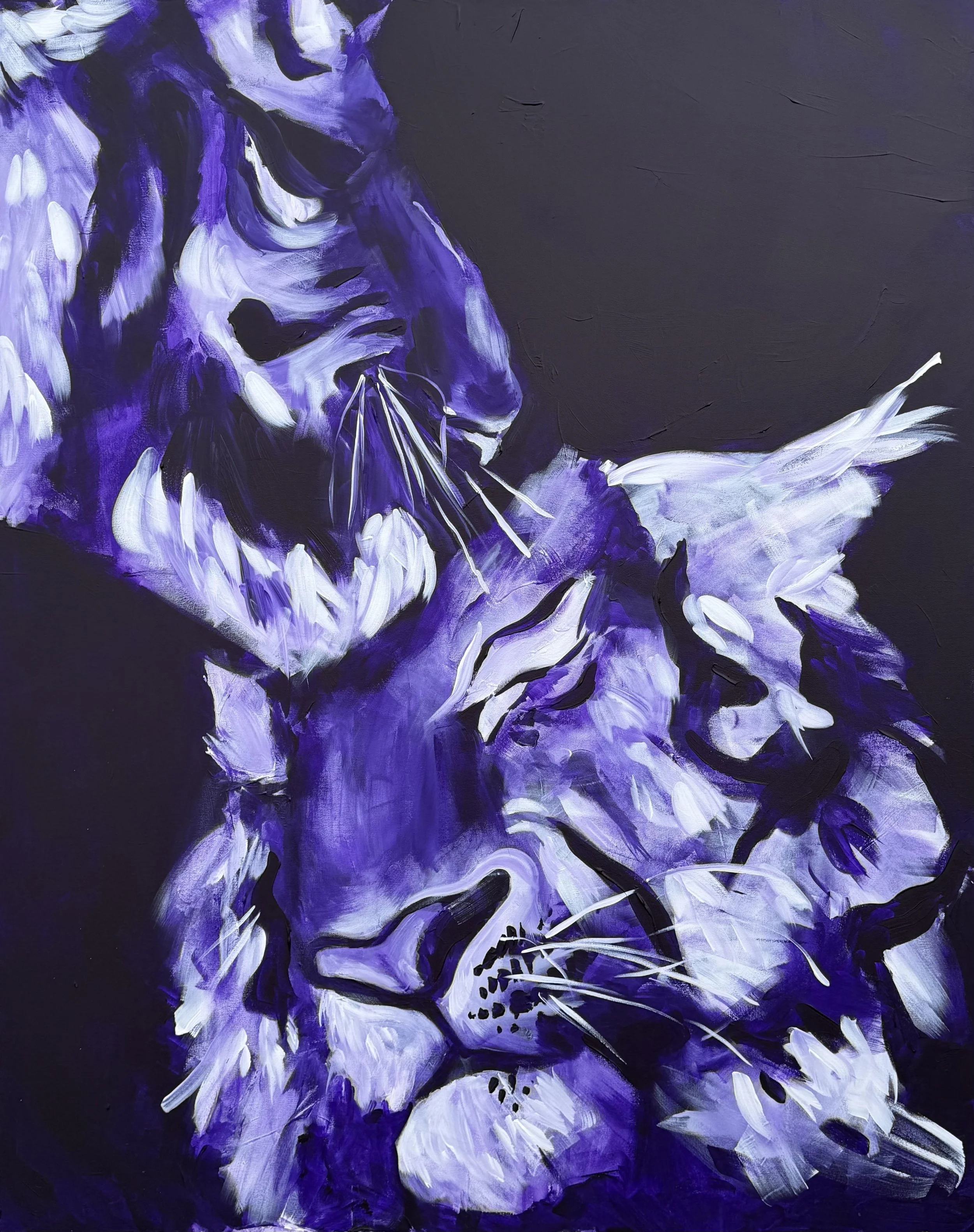 A painting of two tigers in purple, white, and black tones, with a dark background.