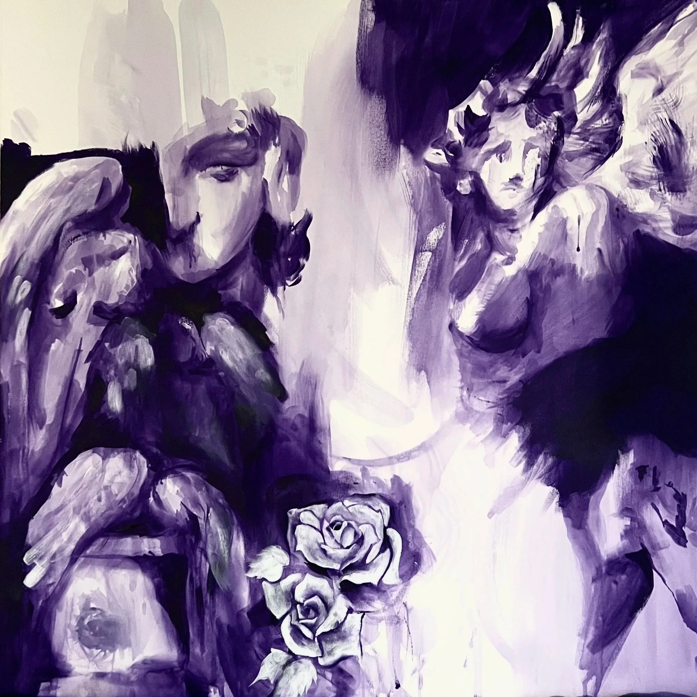 A monochromatic purple-toned painting of two women with expressive dance poses, one holding roses.
