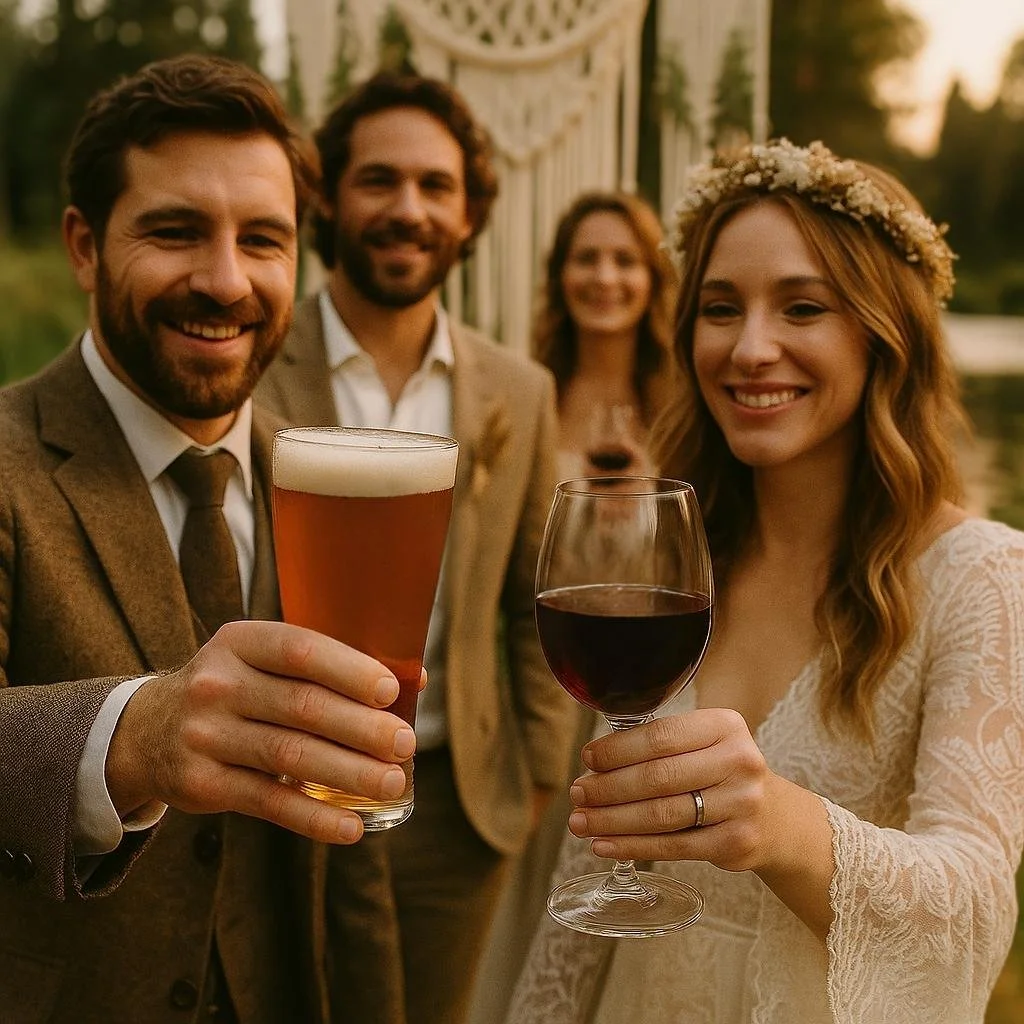 Four people at a wedding or celebration outdoor, raising glasses of beer, wine, and possibly champagne, smiling and enjoying the moment during sunset.