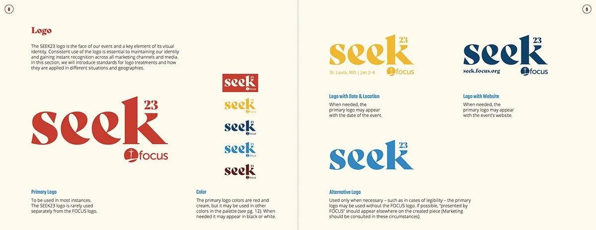 A branding guide explaining the SEEK logo, including its primary, secondary, website, and alternate versions, as well as color and usage details.