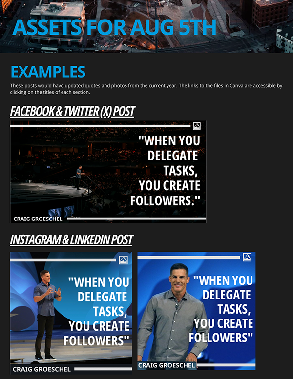 Webpage titled "Assets for Aug 5th" showing examples of social media posts, including a quote by Craig Groeschel about delegating tasks to create followers, with images of him speaking on stage on Instagram, LinkedIn, Facebook, and Twitter.
