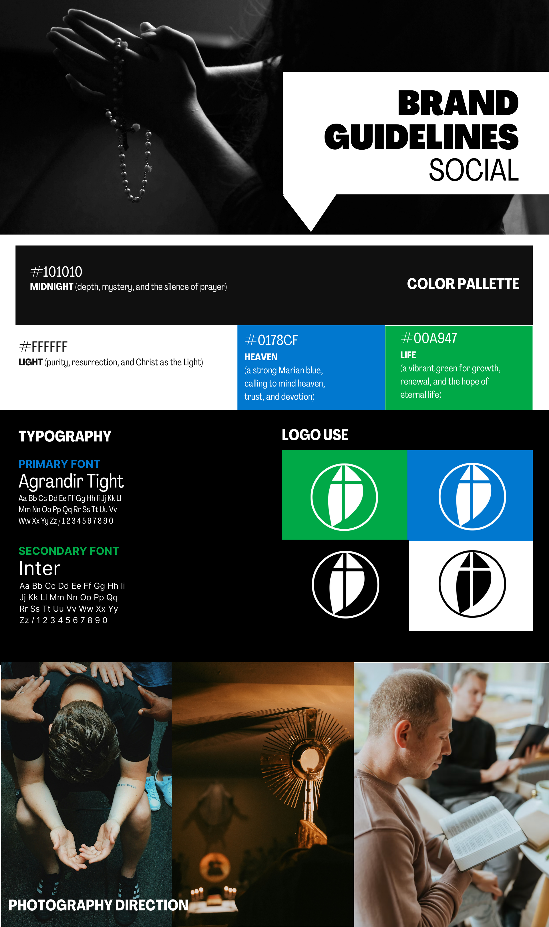 An infographic on brand guidelines featuring a prayerful person holding rosary beads, color palette with blue and green shades representing heaven and life, typography examples with primary and secondary fonts, logo design options in green, blue, bla