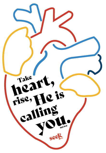 Illustration of an anatomical heart with colorful outlines and an inspirational message that says, "Take heart, rise, He is calling you," referencing a Bible verse.