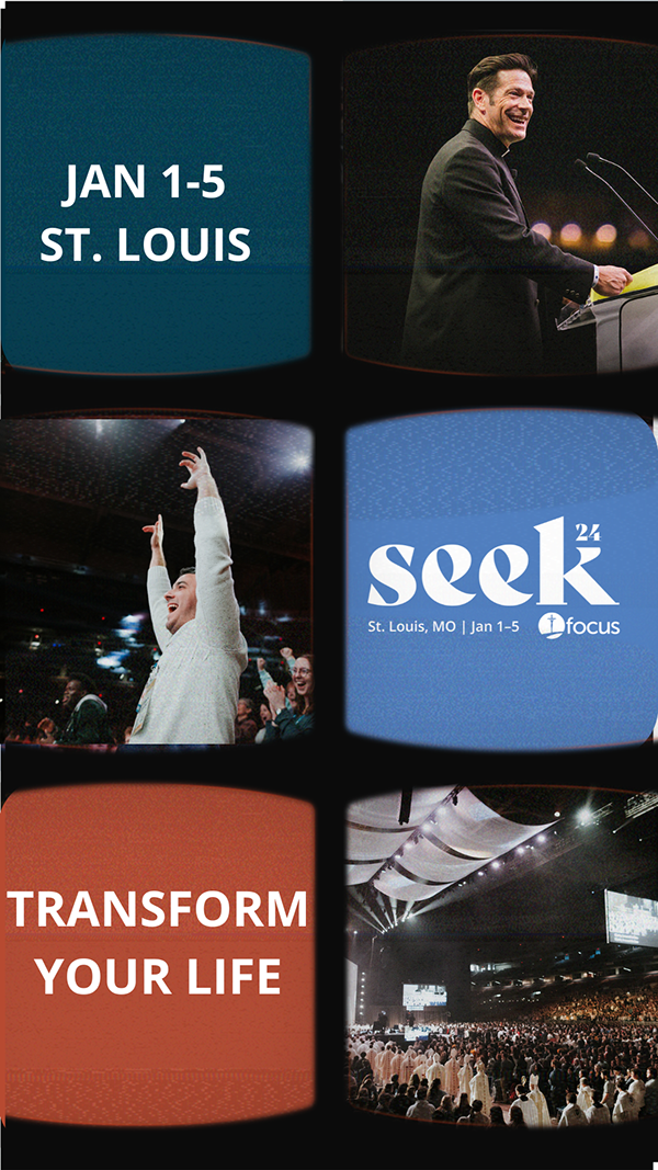 Schedule and promotional images for Seek event in St. Louis, January 1-5, including speakers, venue, and thematic messages about transforming life.