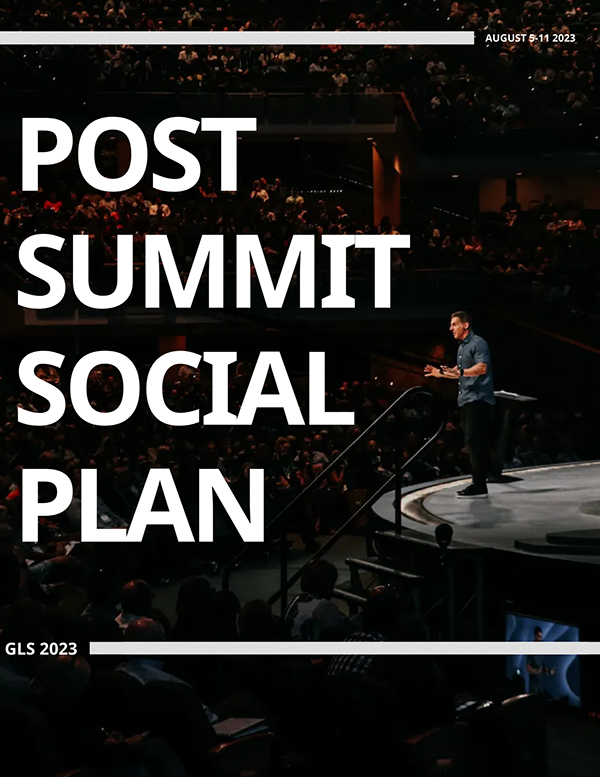 Speaker on stage at a conference or seminar titled 'Post Summit Social Plan,' with a large audience seated in the darkened auditorium, dated August 5-11, 2023.