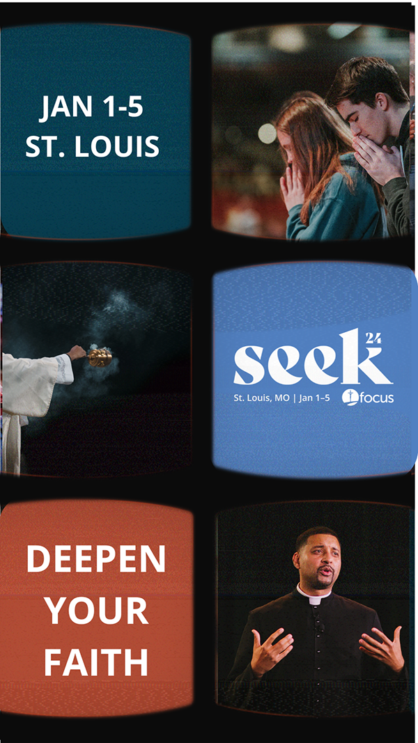 A promotional graphic for a religious event in St. Louis from January 1 to 5. It includes a Bible-themed design with images of people praying, a priest, and text encouraging spiritual growth and faith.
