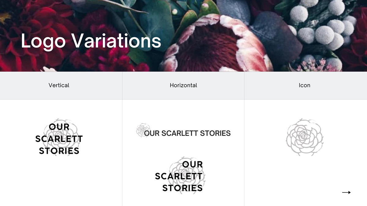 A chart showing different logo variations for 'Our Scarlett Stories', including vertical, horizontal, and icon versions, over a floral background.