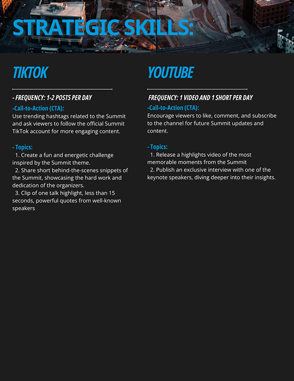 A digital graphic titled "Strategic Skills" with sections for TikTok and YouTube, listing frequency and topics for each platform. The background features an aerial city view at dusk.