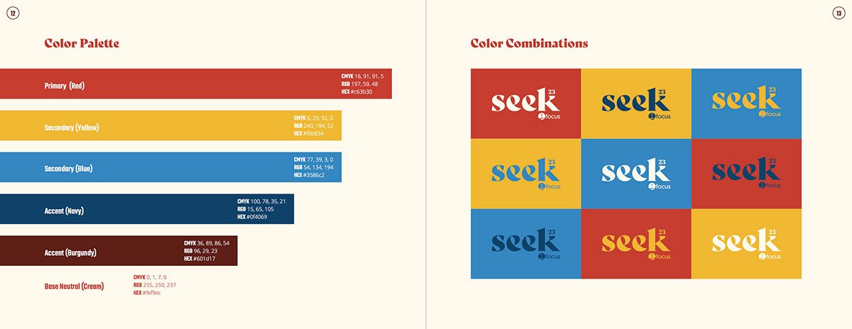 Two pages from a color design guide. The left page shows a color palette with primary red, secondary yellow, secondary blue, accent navy, accent burgundy, and base neutral cream, along with their CMYK, RGB, and HEX values. The right page displays col