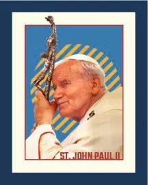 A portrait of Pope John Paul II holding a crucifix, with a blue background and yellow sunburst design.