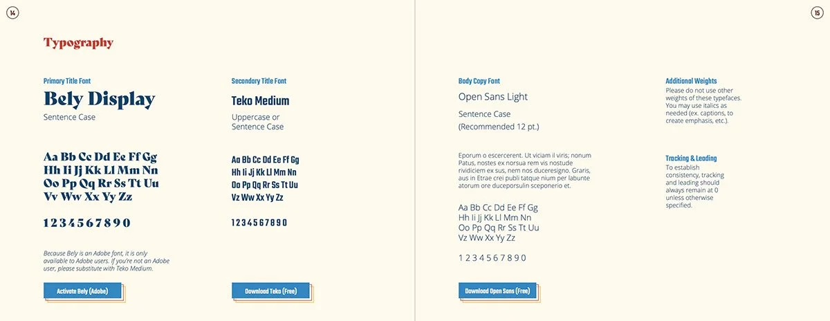 A typography guide showing font styles, sizes, and examples for Bely Display, Teko Medium, and Open Sans Light fonts, with instructions for downloading fonts and additional notes.