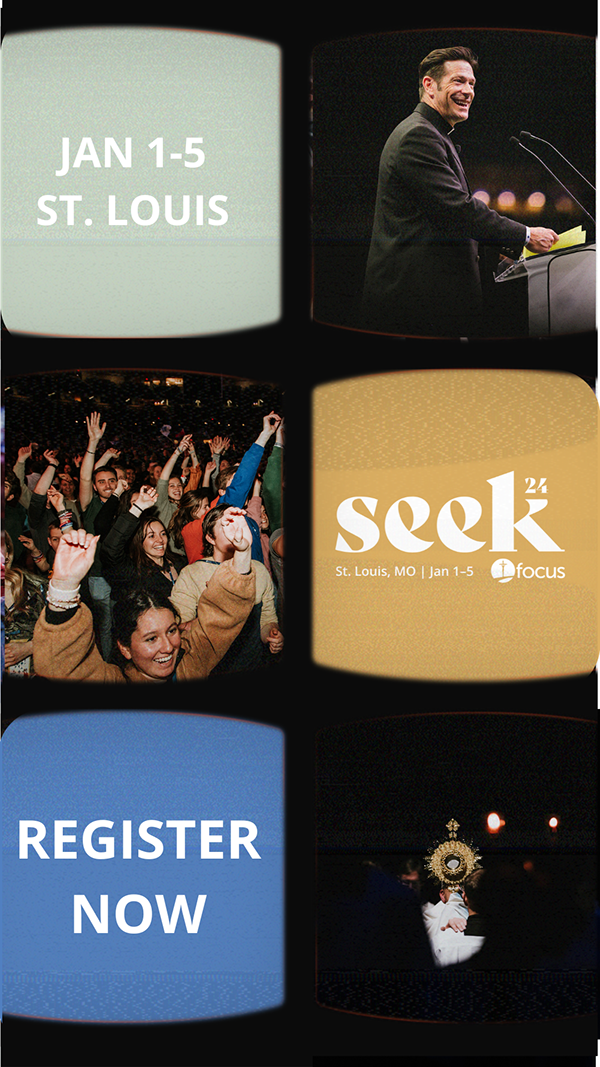 Collage of four panels promoting a church event in St. Louis from January 1-5. Includes text: "Jan 1-5 St. Louis," an image of a speaker at a podium, a crowd raising hands and cheering, a stylized church event logo with "seek" and "Focus," and a call