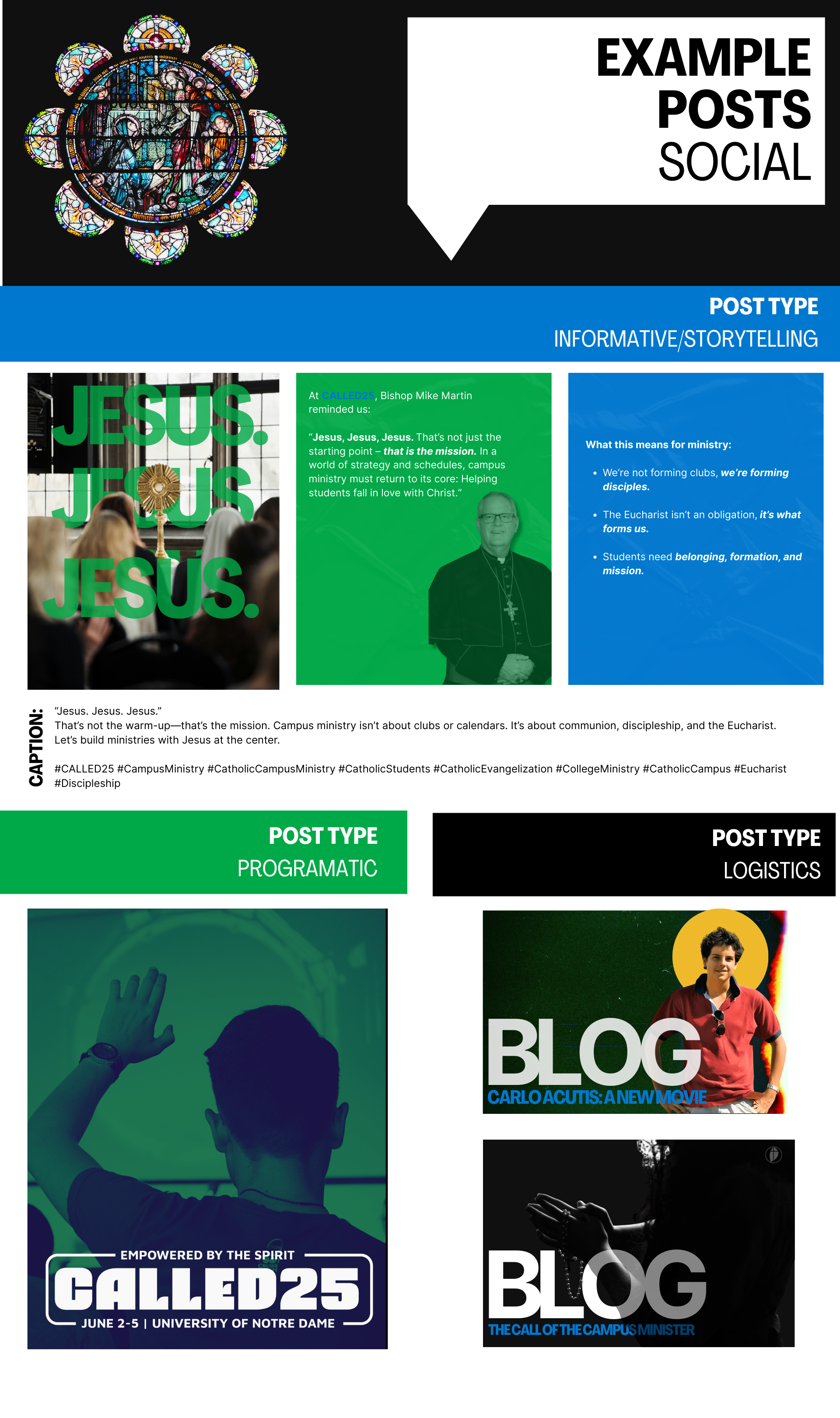 An infographic social media post about a Catholic campus ministry conference called CALLED25 at the University of Notre Dame, featuring images of people praying, a bishop, and a speaker, along with text emphasizing themes of Jesus, community, program