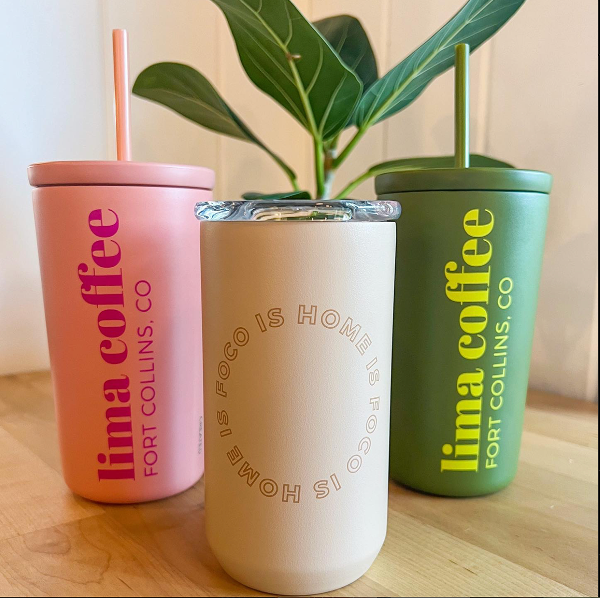 Three to-go cups from the brand 'Little Coffee,' with the text 'Fort Collins, CO.' They are positioned on a wooden surface, with green leaves in the background. The cups are pastel pink, cream, and green.