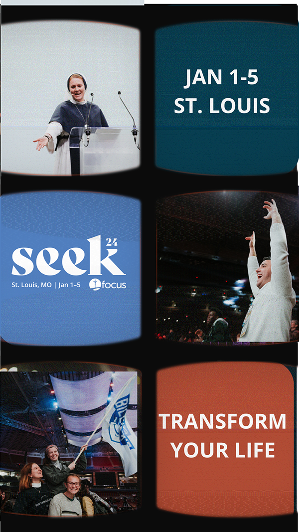 Collage of event photos for SEEK conference in St. Louis, January 1-5, 2024, including speakers, attendees, and activities.