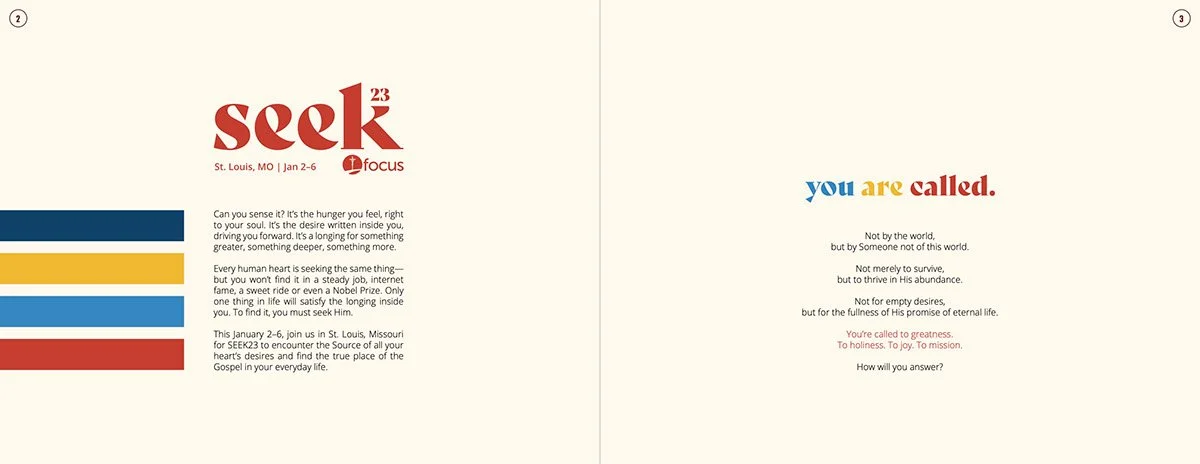 A two-page promotional flyer for SEEK 2023 conference held in St. Louis, Missouri, January 2-6, featuring event details, logo, and an inspirational message.