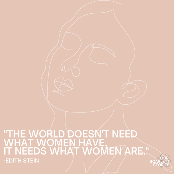 Minimalist line drawing of a woman's face with closed eyes on a beige background, with a quote from Edith Stein that reads, "The world doesn't need what women have, it needs what women are."