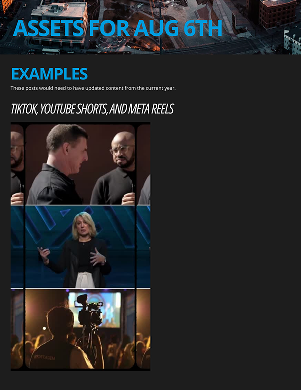 A promotional poster with the title "Assets for August 6th." It features three images: the first is of two men talking, the second is of a woman giving a presentation, and the third is of a person filming with a video camera at an event or concert.