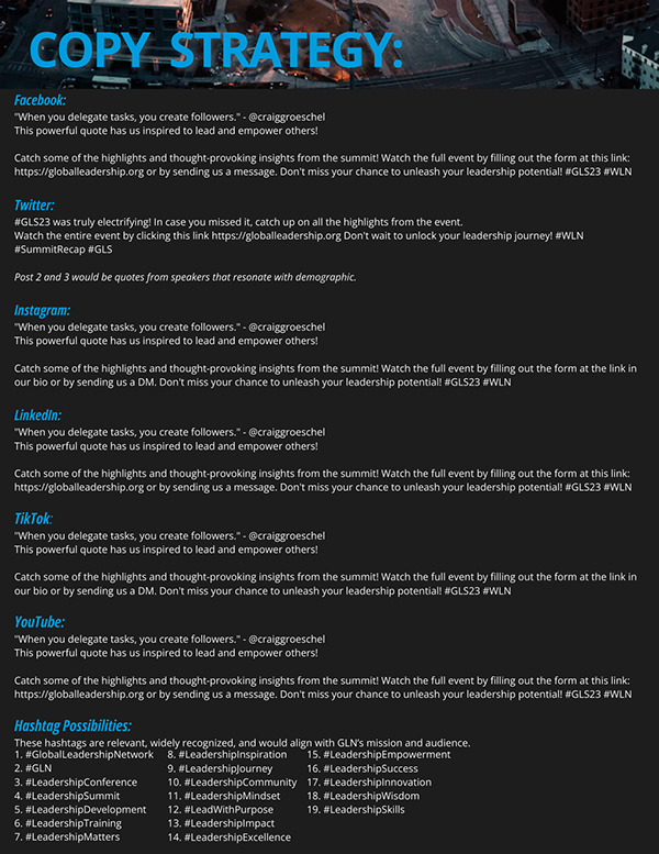 Text-based infographic about copy strategy and social media tips for leadership and engagement, listing platforms like Facebook, Twitter, Instagram, LinkedIn, TikTok, YouTube, and hashtag possibilities.