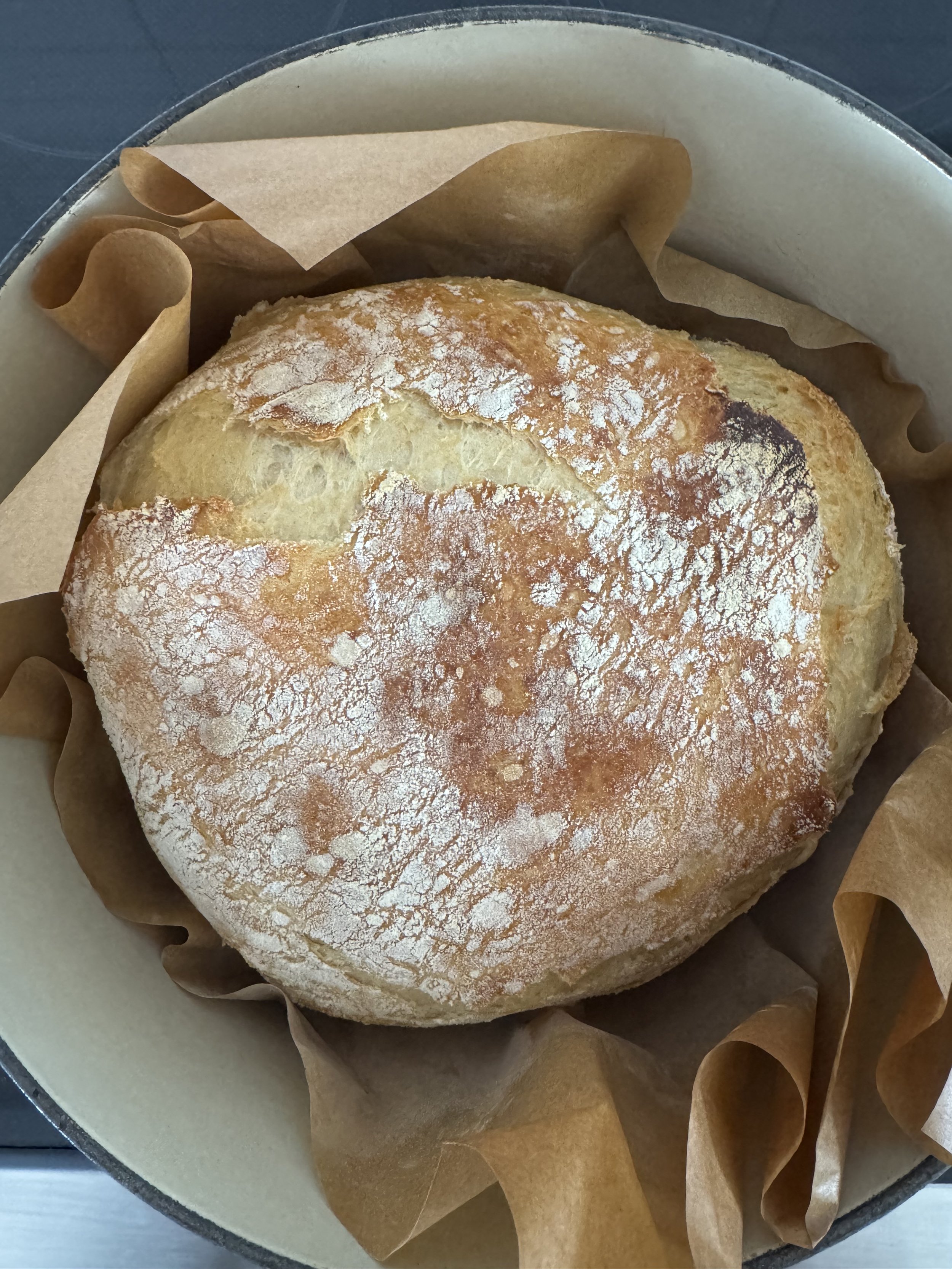 A round loaf of bread with a dusting of flour on top, in a baking pan lined with parchment paper.