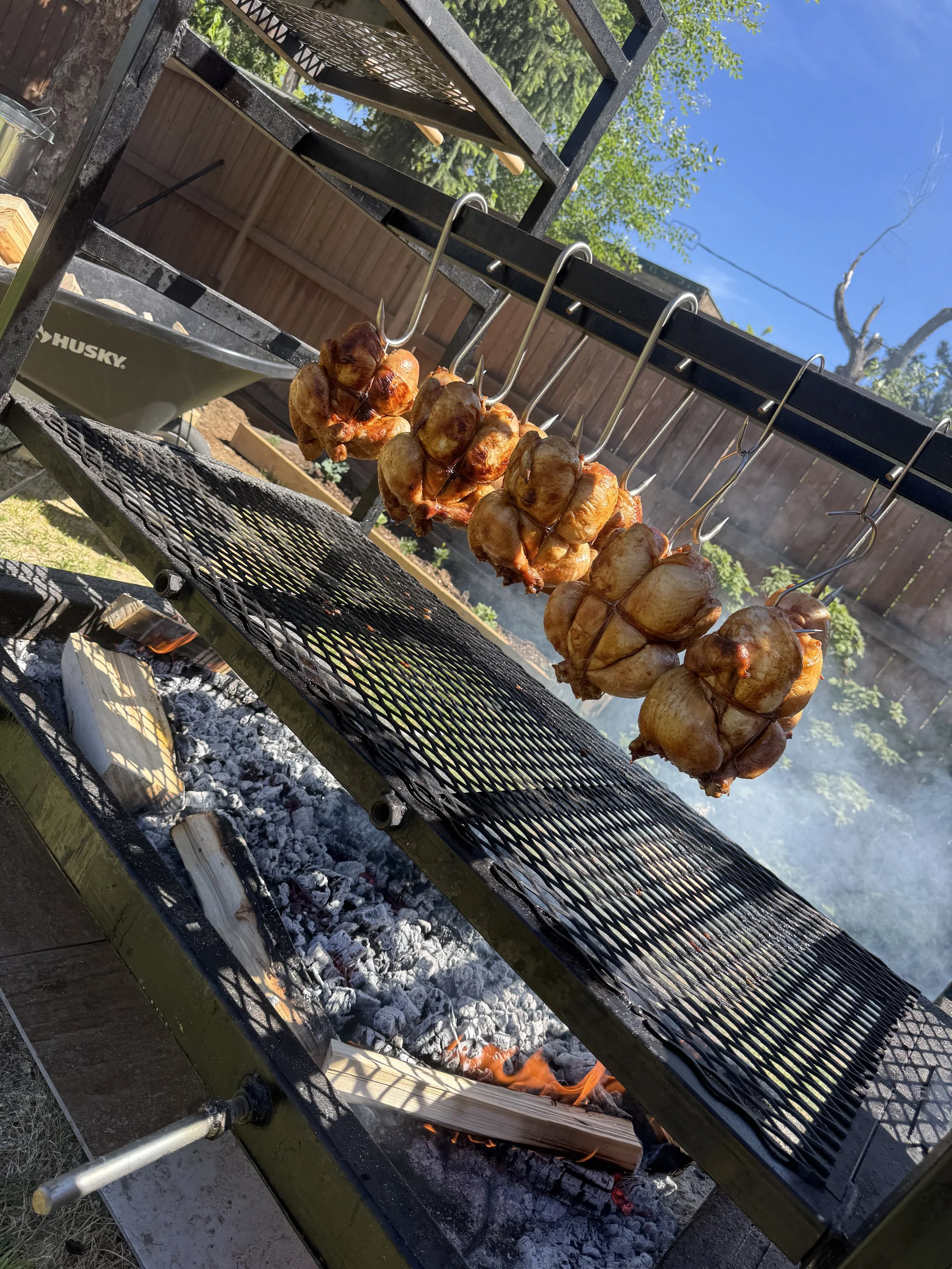 A row of whole chickens roasting on a rotisserie over an outdoor open fire. The chickens are skewered on metal spits and are cooking evenly with visible steam rising. The setup is on a black metal grill with a wooden handle, and the background includ