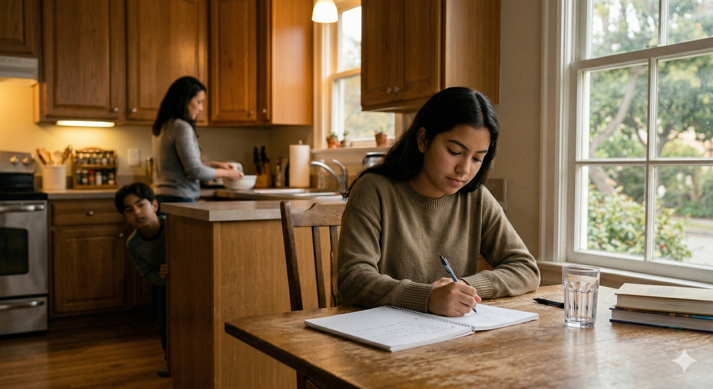 A girl writes in her notebook on the kitchen table, mother in the background holding a mixing bowl, and a younger brother peering from behind a kitchen island.