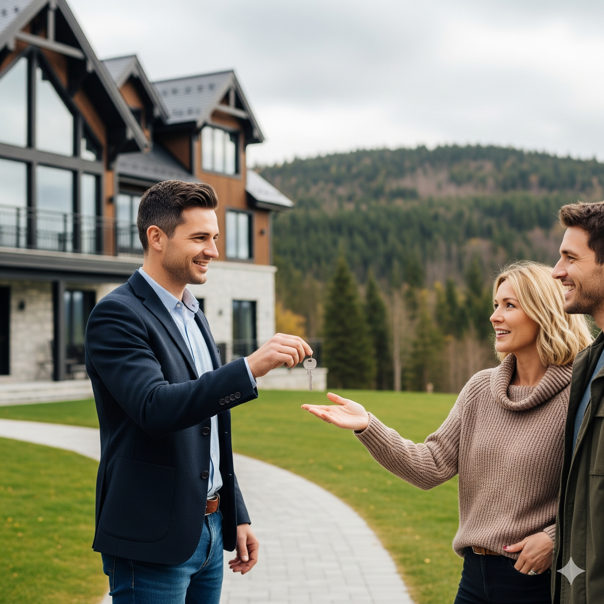 Un agent immobilier remet les clés d'une maison à un couple souriant dehors, avec une maison moderne en arrière-plan et des montagnes au loin