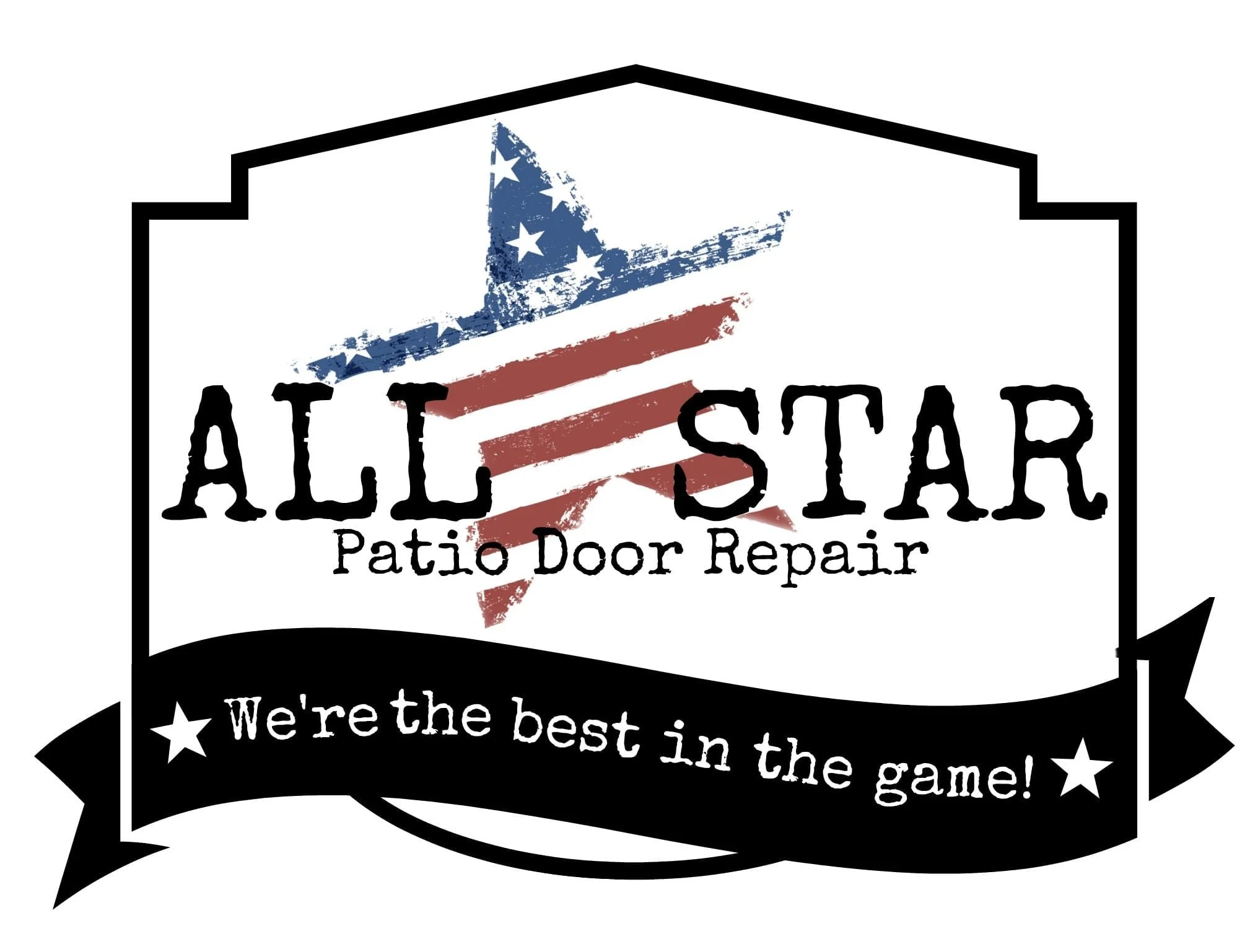 Logo for All Star Patio Door Repair featuring a grunge star with American flag design, black text, and a black banner with white text that says "We're the best in the game!"