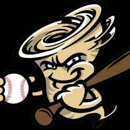 A cartoon baseball character with a fierce expression holding a baseball bat and a baseball, against a black background.