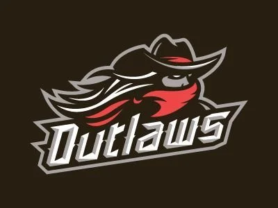 Logo featuring a stylized outlaw with a cowboy hat and bandana in black, gray, and red colors, with the word 'Outlaws' written below.