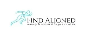 Text reading "FIND ALIGNED" with a stylized abstract figure and the subtitle "massage & movement for your structure."