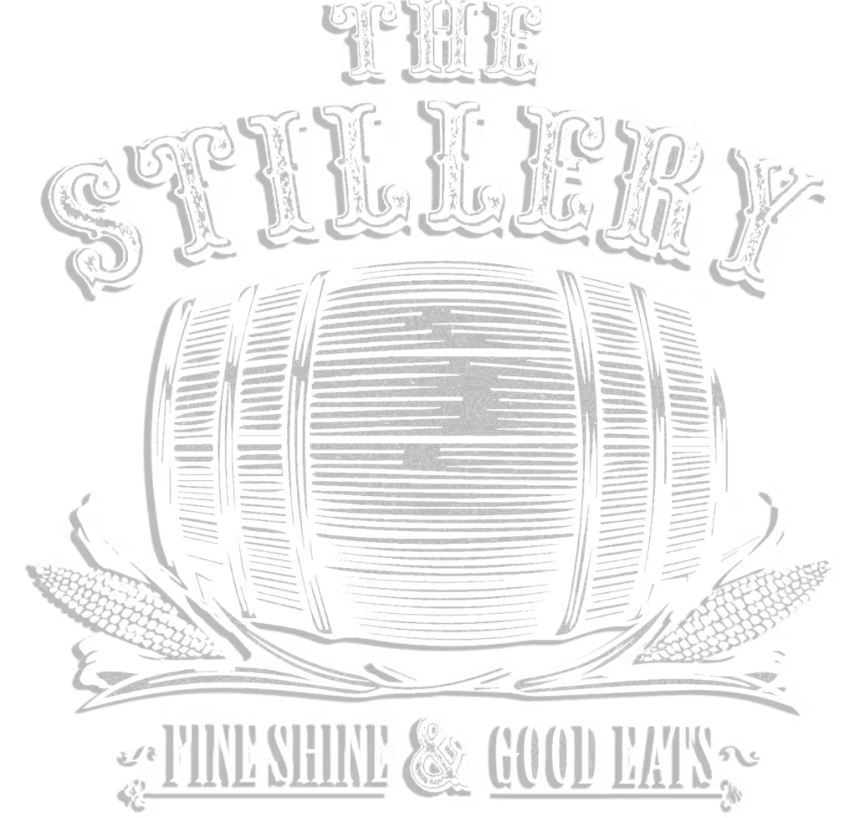 An illustration of a large wine barrel with the text "The Stillery" above it and "Pine Shine & Good Eats" below it, with decorative wheat sheaves on either side of the barrel.