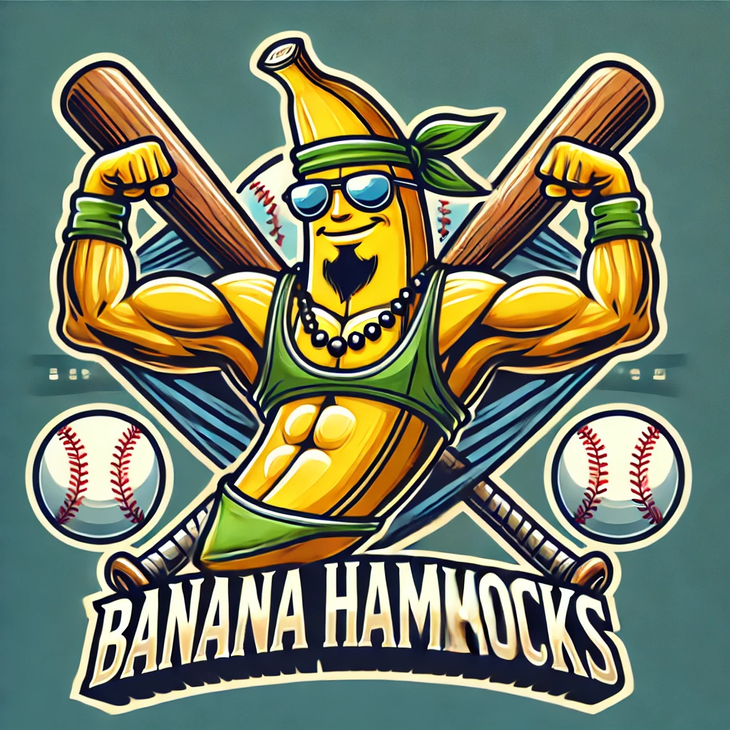 A cartoon illustration of a muscular banana wearing sunglasses, a green headband, a necklace, and green underwear, holding two baseball bats. The illustration has two baseballs with red stitching on either side and the text 'Banana Hammocks' below.